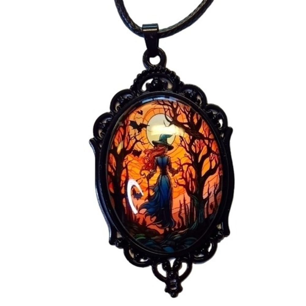 Gothic Witch Necklace Victorian Style, Halloween Bat & Orange Pendant NWT‎